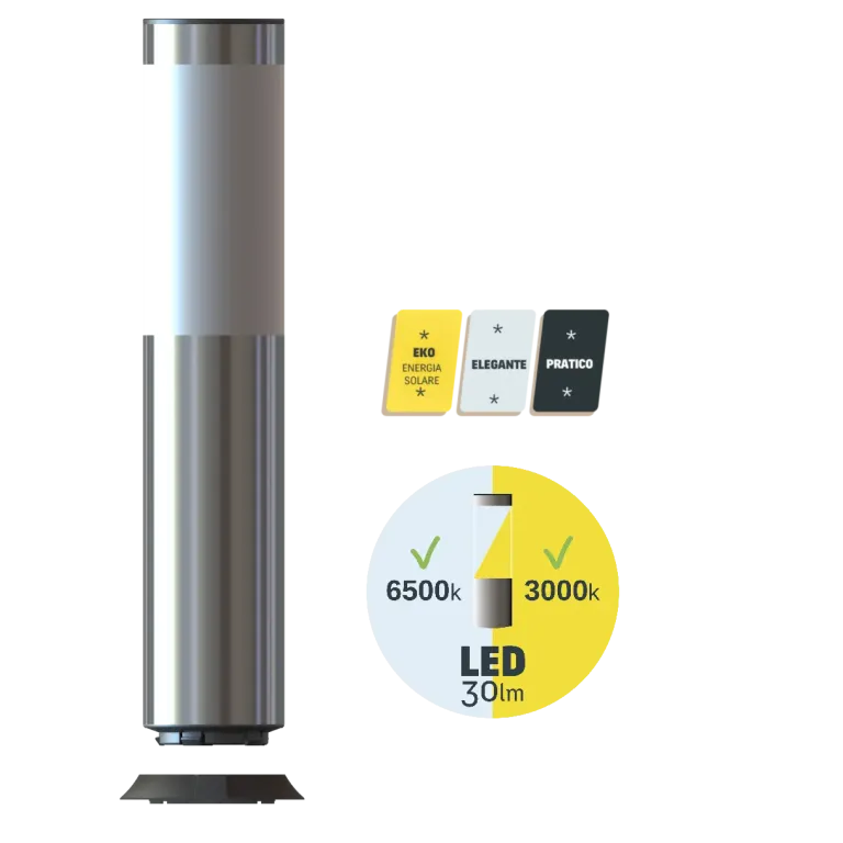 Lampada solare in fase di aggancio al supporto, energia autonoma, design elegante e pratico, pittogrammi visibili.