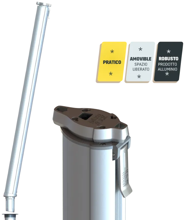 Palo pronto per l’installazione nella base di ancoraggio, zoom sulla parte telescopica con icone pratico, amovibile, robusto
