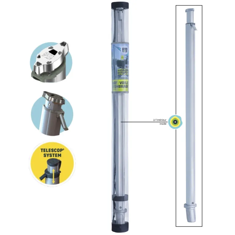 palo nella borsa con vista su sistema telescopico, maniglia di blocco e punto di aggancio superiore