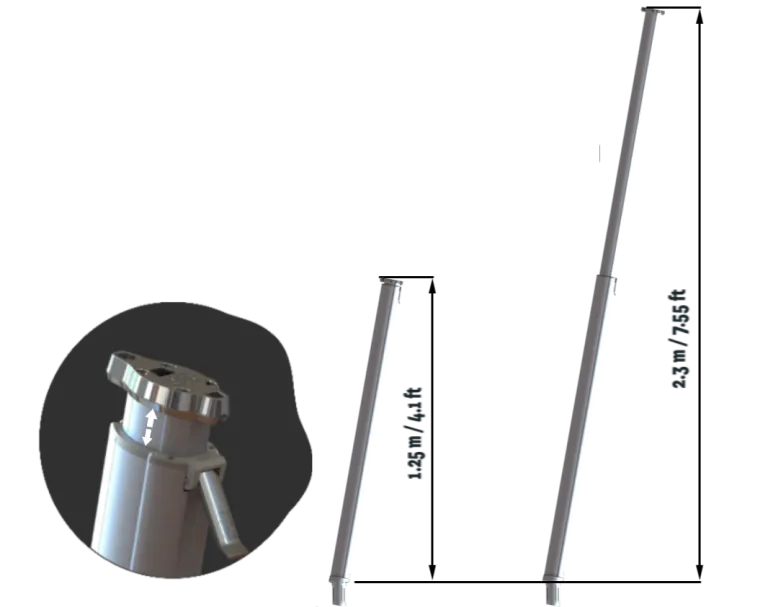 palo telescopico per vela ombreggiante con misure da 1,25 a 2,30 m e zoom sul sistema di blocco