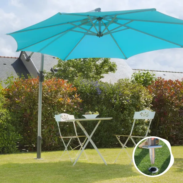 Ancrage Gard&Rock sur terrain en pente, support parasol déporté stable pour mobilier jardin