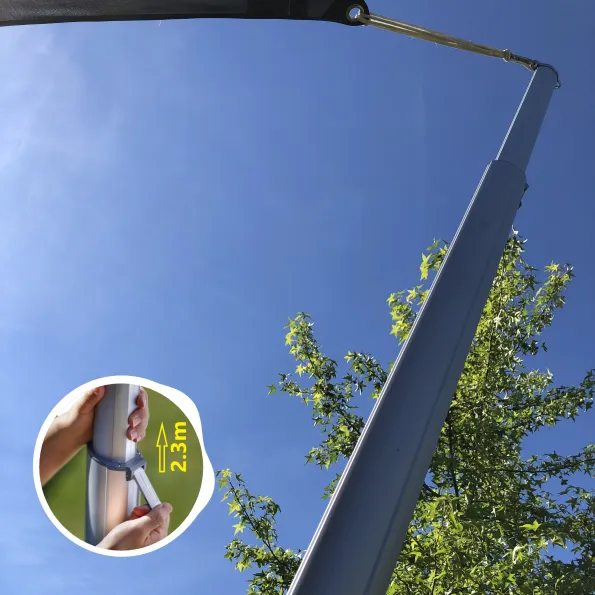 Mât télescopique nomade pour voile solaire tendue, support stable pour zones ombragées